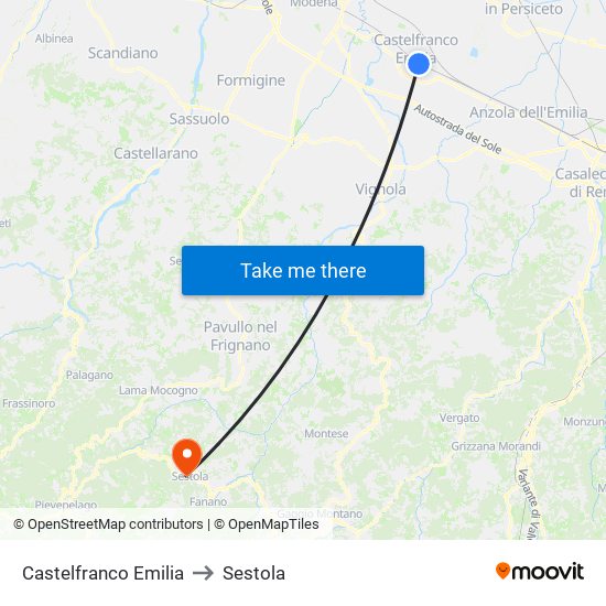 Castelfranco Emilia to Sestola map