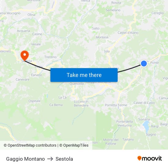 Gaggio Montano to Sestola map