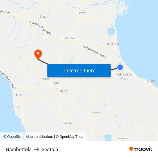 Gambettola to Sestola map