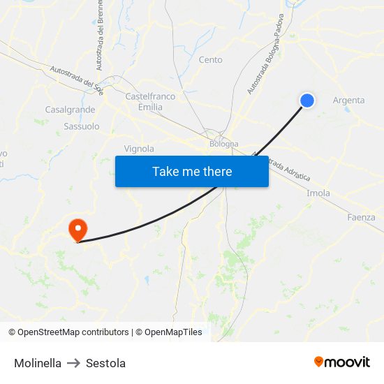 Molinella to Sestola map