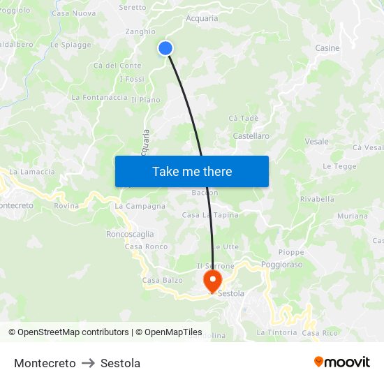 Montecreto to Sestola map