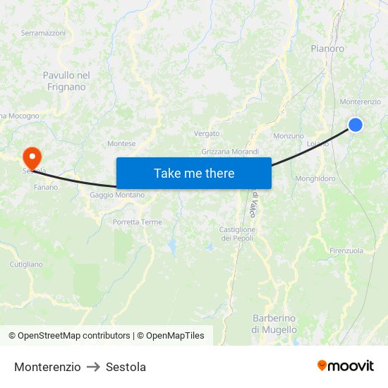 Monterenzio to Sestola map