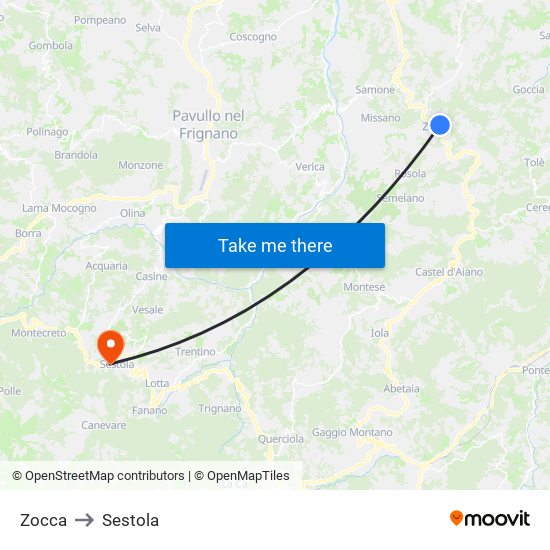 Zocca to Sestola map