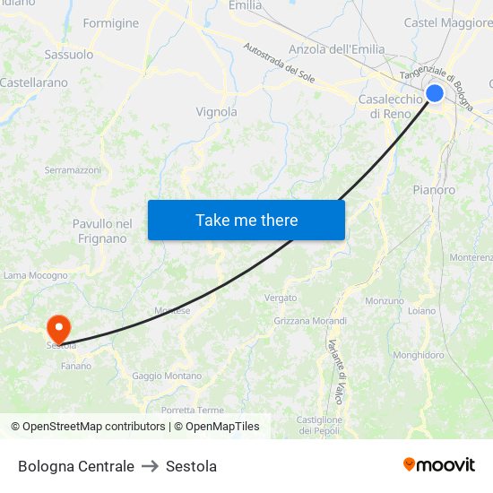 Bologna Centrale to Sestola map