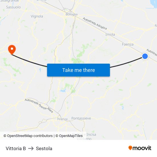 Vittoria B to Sestola map