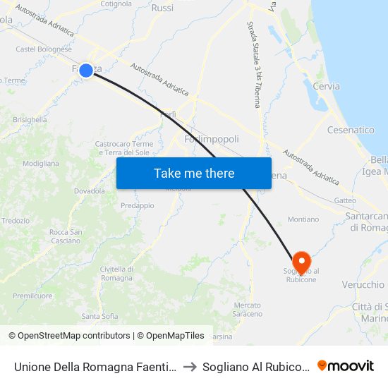 Unione Della Romagna Faentina to Sogliano Al Rubicone map