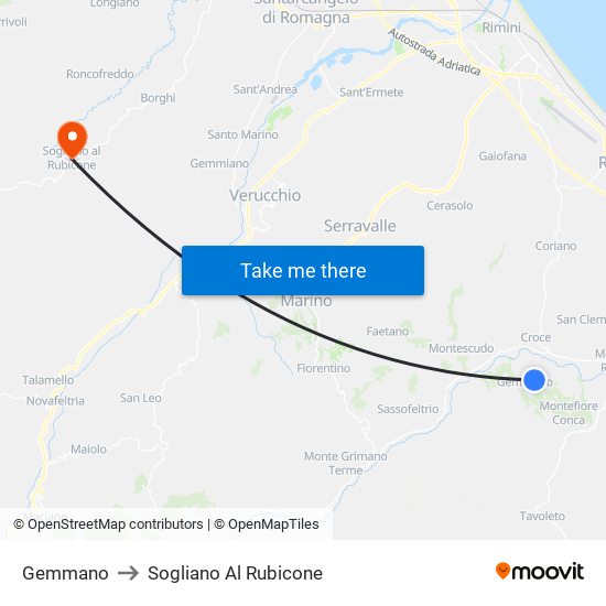 Gemmano to Sogliano Al Rubicone map