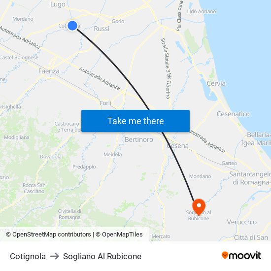 Cotignola to Sogliano Al Rubicone map
