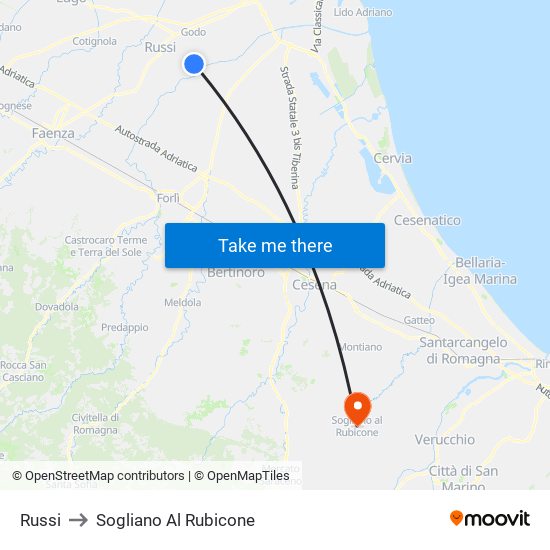 Russi to Sogliano Al Rubicone map