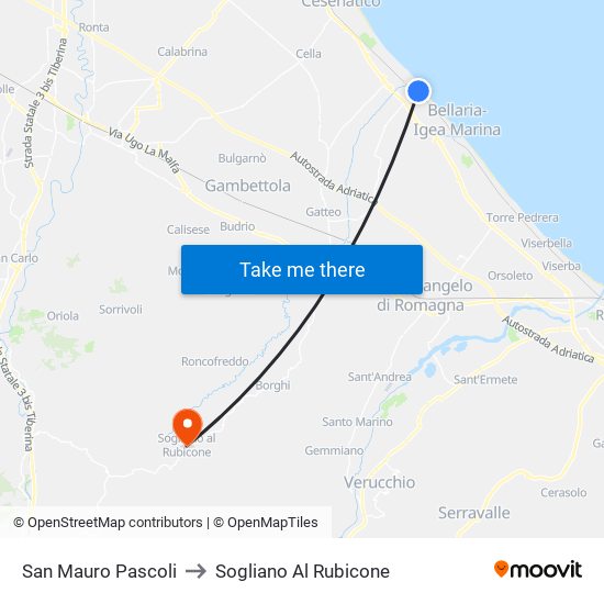 San Mauro Pascoli to Sogliano Al Rubicone map