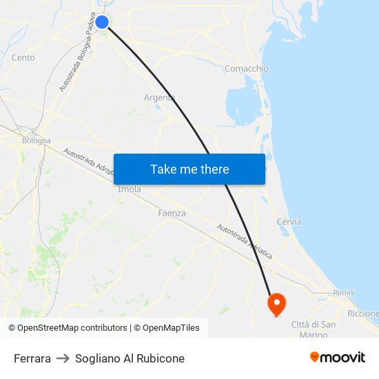 Ferrara to Sogliano Al Rubicone map