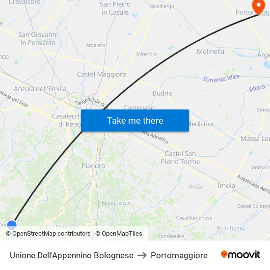 Unione Dell'Appennino Bolognese to Portomaggiore map