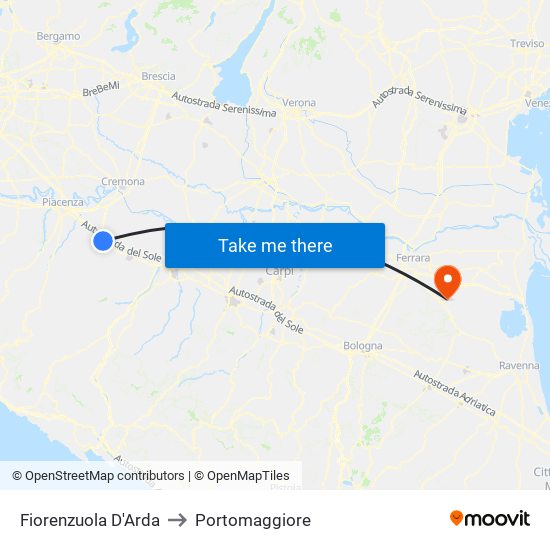 Fiorenzuola D'Arda to Portomaggiore map