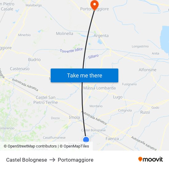 Castel Bolognese to Portomaggiore map