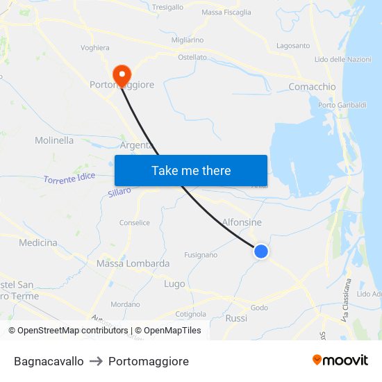 Bagnacavallo to Portomaggiore map