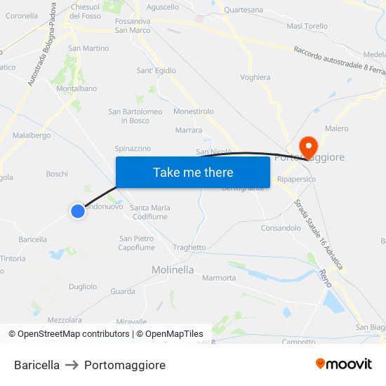 Baricella to Portomaggiore map