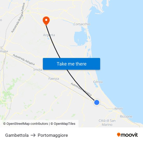 Gambettola to Portomaggiore map