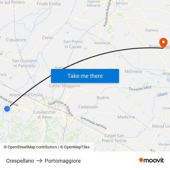 Crespellano to Portomaggiore map