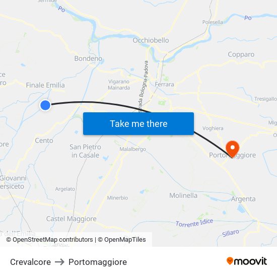 Crevalcore to Portomaggiore map