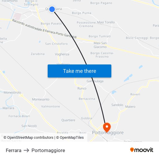 Ferrara to Portomaggiore map