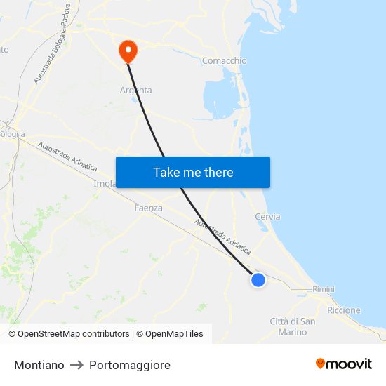 Montiano to Portomaggiore map