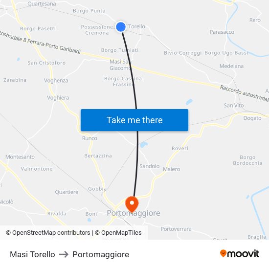 Masi Torello to Portomaggiore map