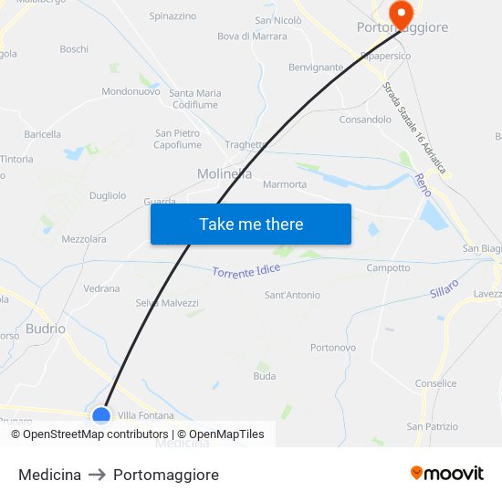 Medicina to Portomaggiore map