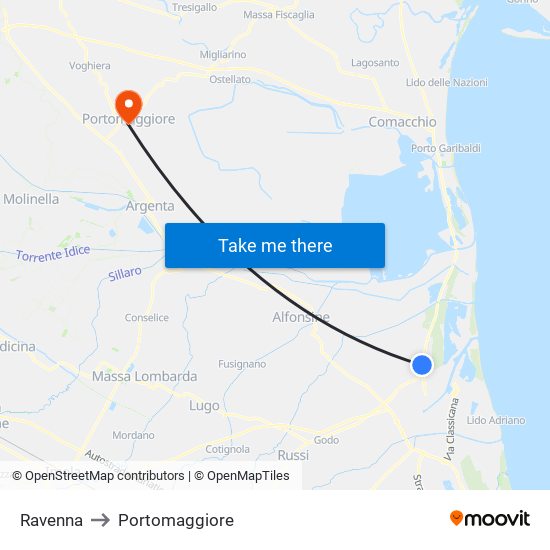 Ravenna to Portomaggiore map