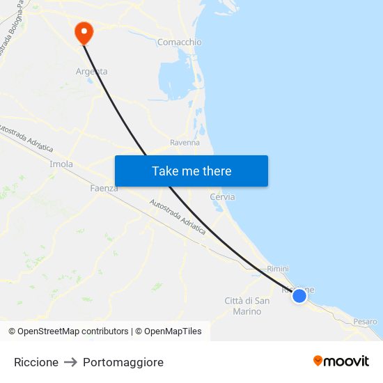 Riccione to Portomaggiore map