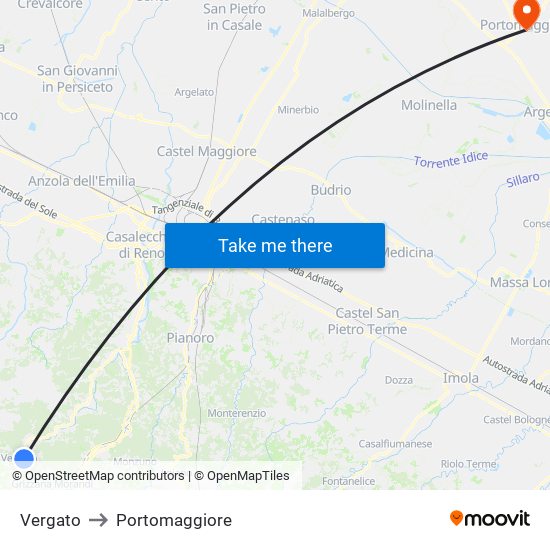 Vergato to Portomaggiore map