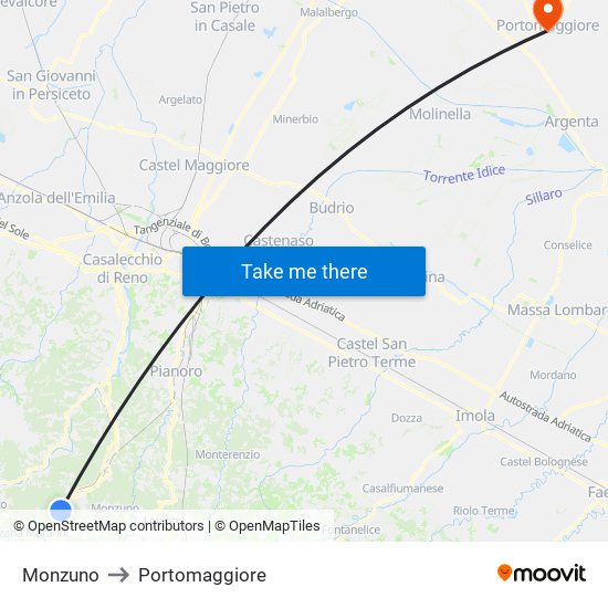 Monzuno to Portomaggiore map