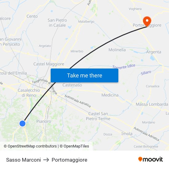 Sasso Marconi to Portomaggiore map