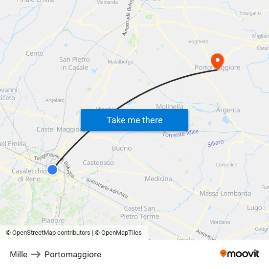 Mille to Portomaggiore map