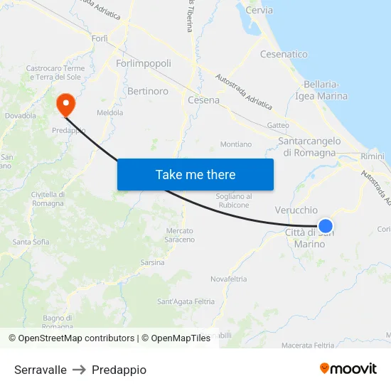 Serravalle to Predappio map