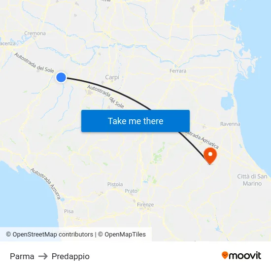 Parma to Predappio map