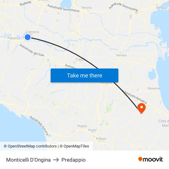 Monticelli D'Ongina to Predappio map
