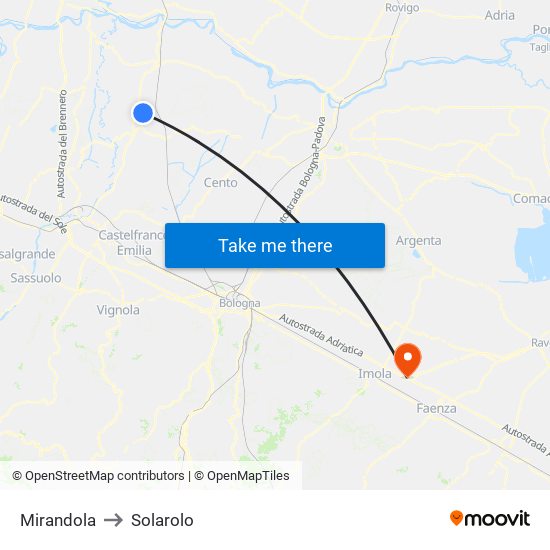 Mirandola to Solarolo map
