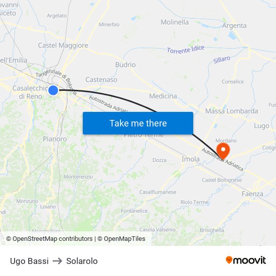 Ugo Bassi to Solarolo map