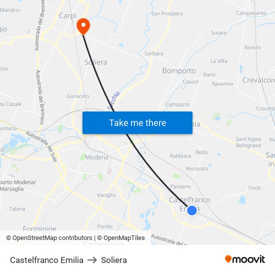 Castelfranco Emilia to Soliera map