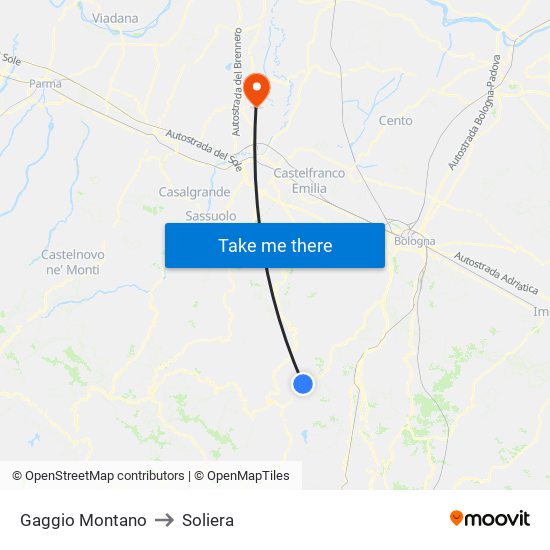 Gaggio Montano to Soliera map