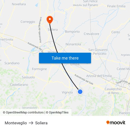 Monteveglio to Soliera map