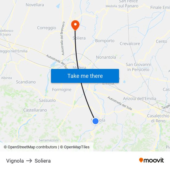 Vignola to Soliera map