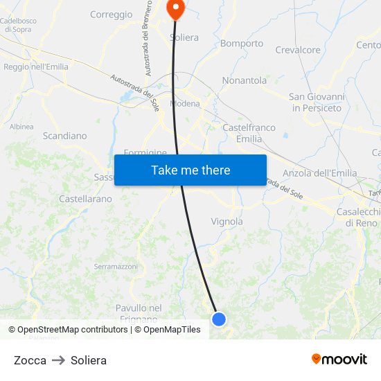 Zocca to Soliera map