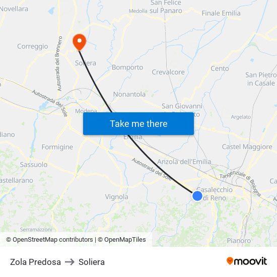 Zola Predosa to Soliera map