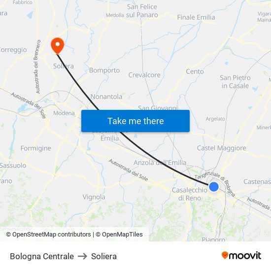 Bologna Centrale to Soliera map