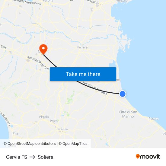 Cervia FS to Soliera map