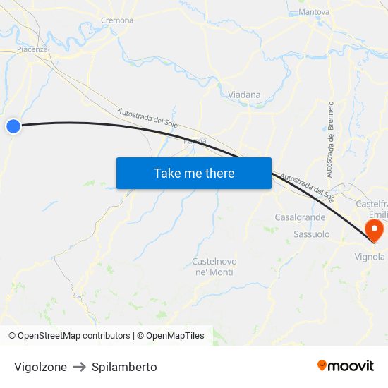 Vigolzone to Spilamberto map