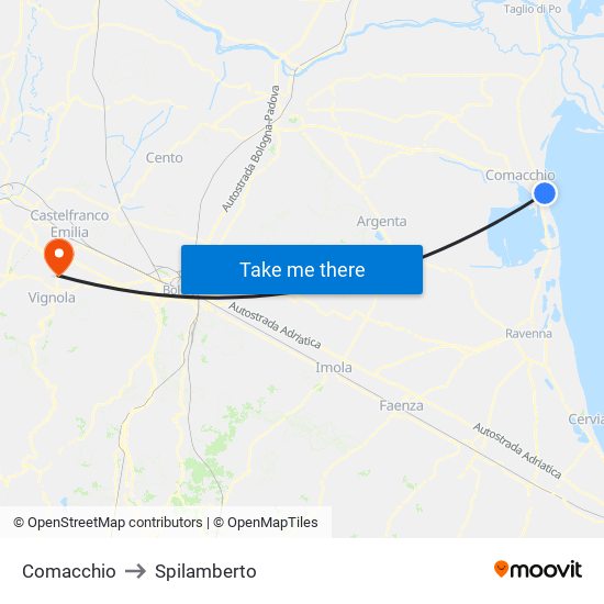 Comacchio to Spilamberto map