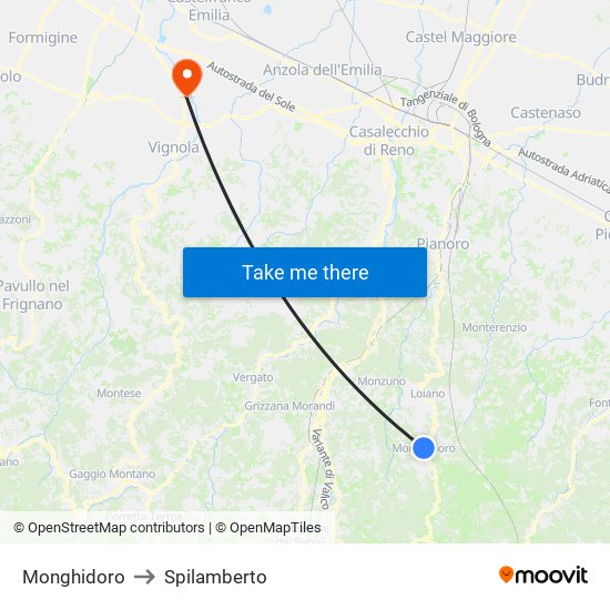Monghidoro to Spilamberto map