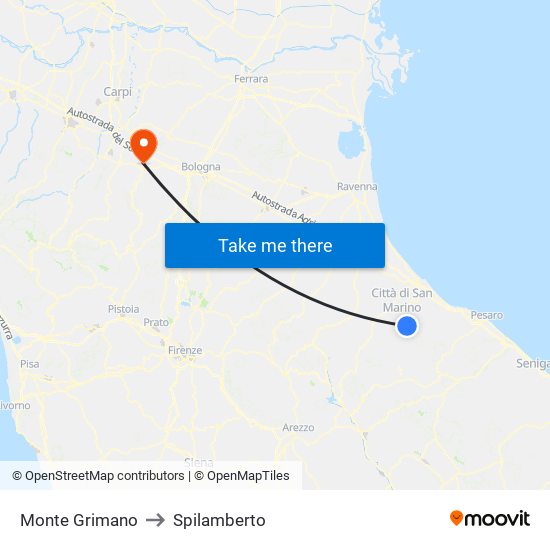 Monte Grimano to Spilamberto map